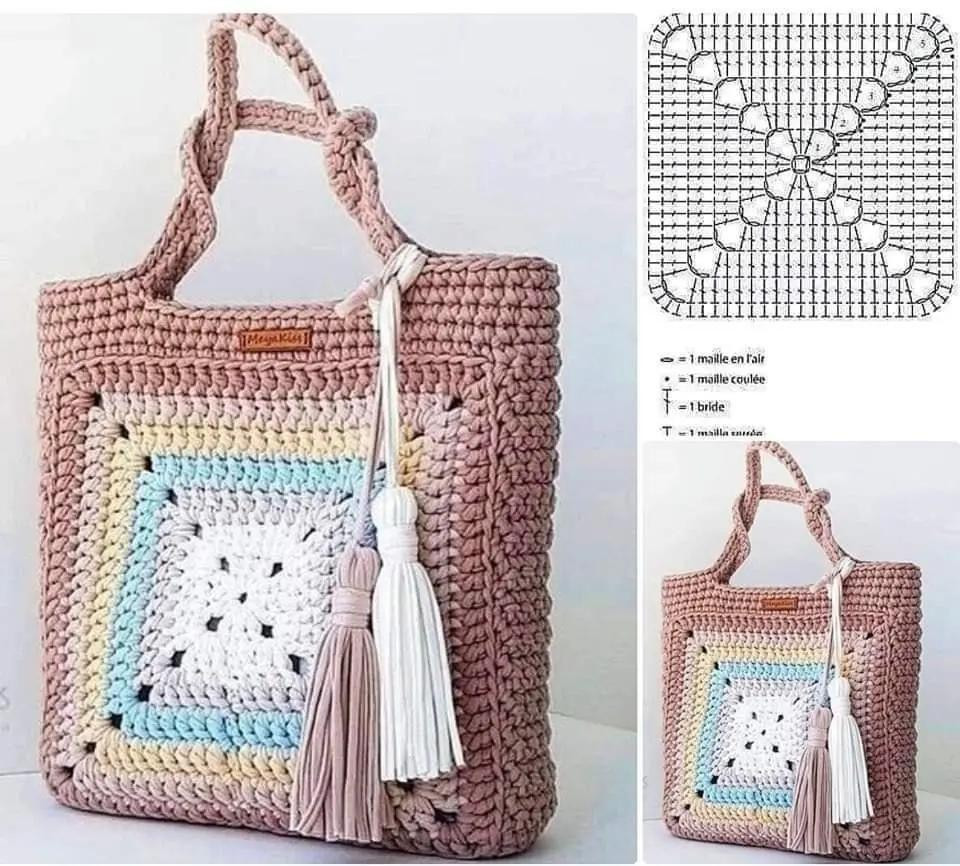 Bộ sưu tập mẫu túi tote móc len kích thước lớn kèm biểu đồ hướng dẫn chi tiết