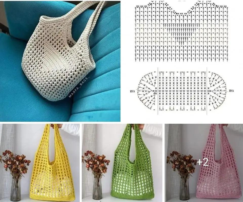 Bộ sưu tập mẫu túi tote móc len kích thước lớn kèm biểu đồ hướng dẫn chi tiết