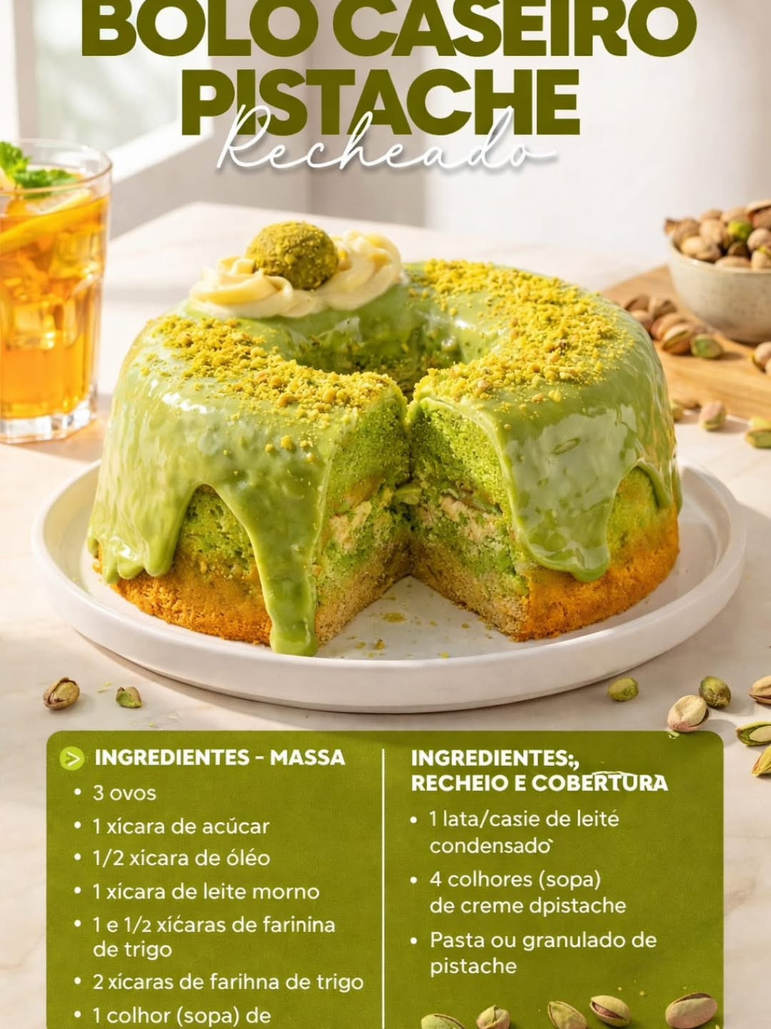 Bolo Caseiro de Pistache Recheado com Cobertura Cremosa e Crocante