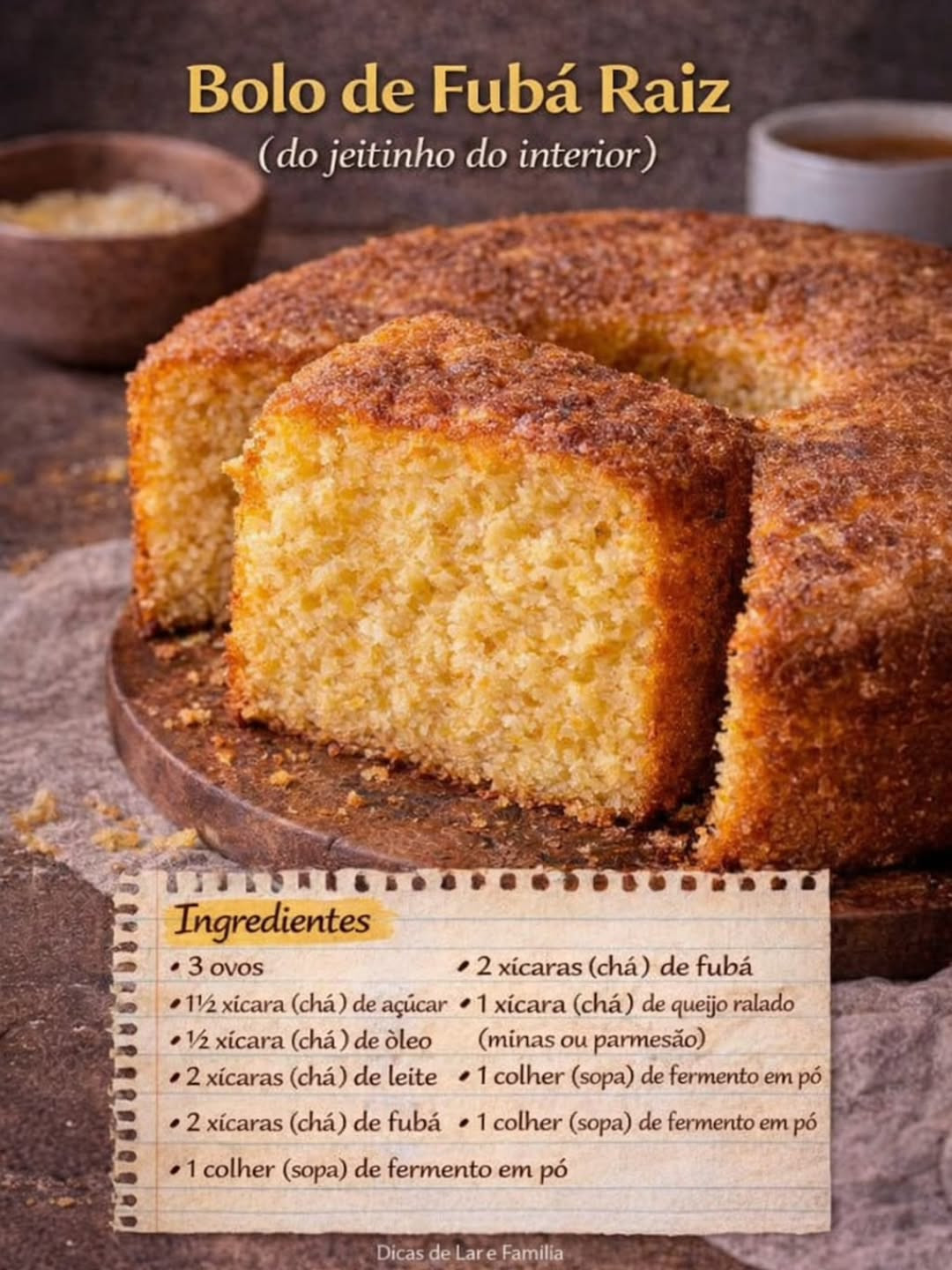 Bolo de Fubá Raiz: Receita Tradicional e Simples com Queijo Ralado