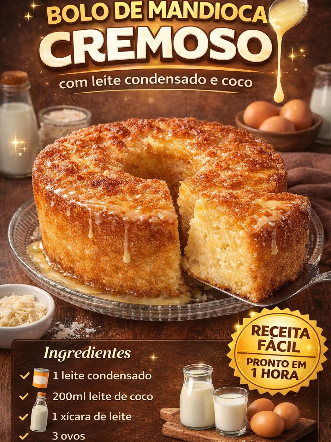 Bolo de Mandioca Cremoso com leite condensado e coco
