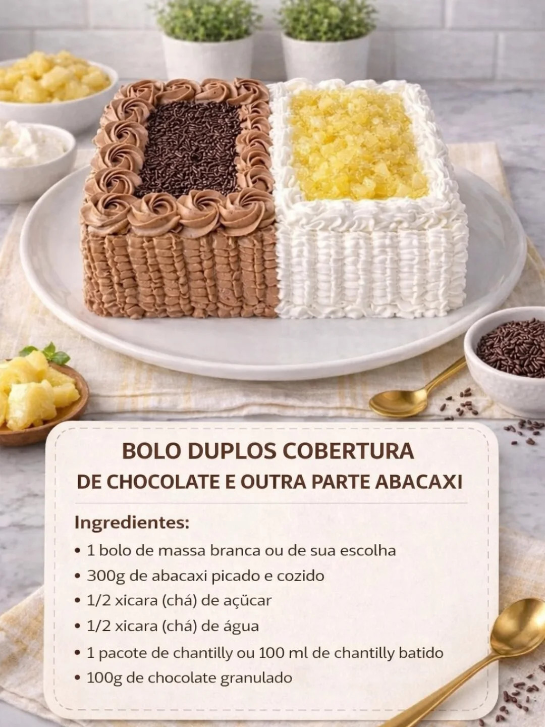 Bolo Duplo Cobertura de Chocolate e Abacaxi