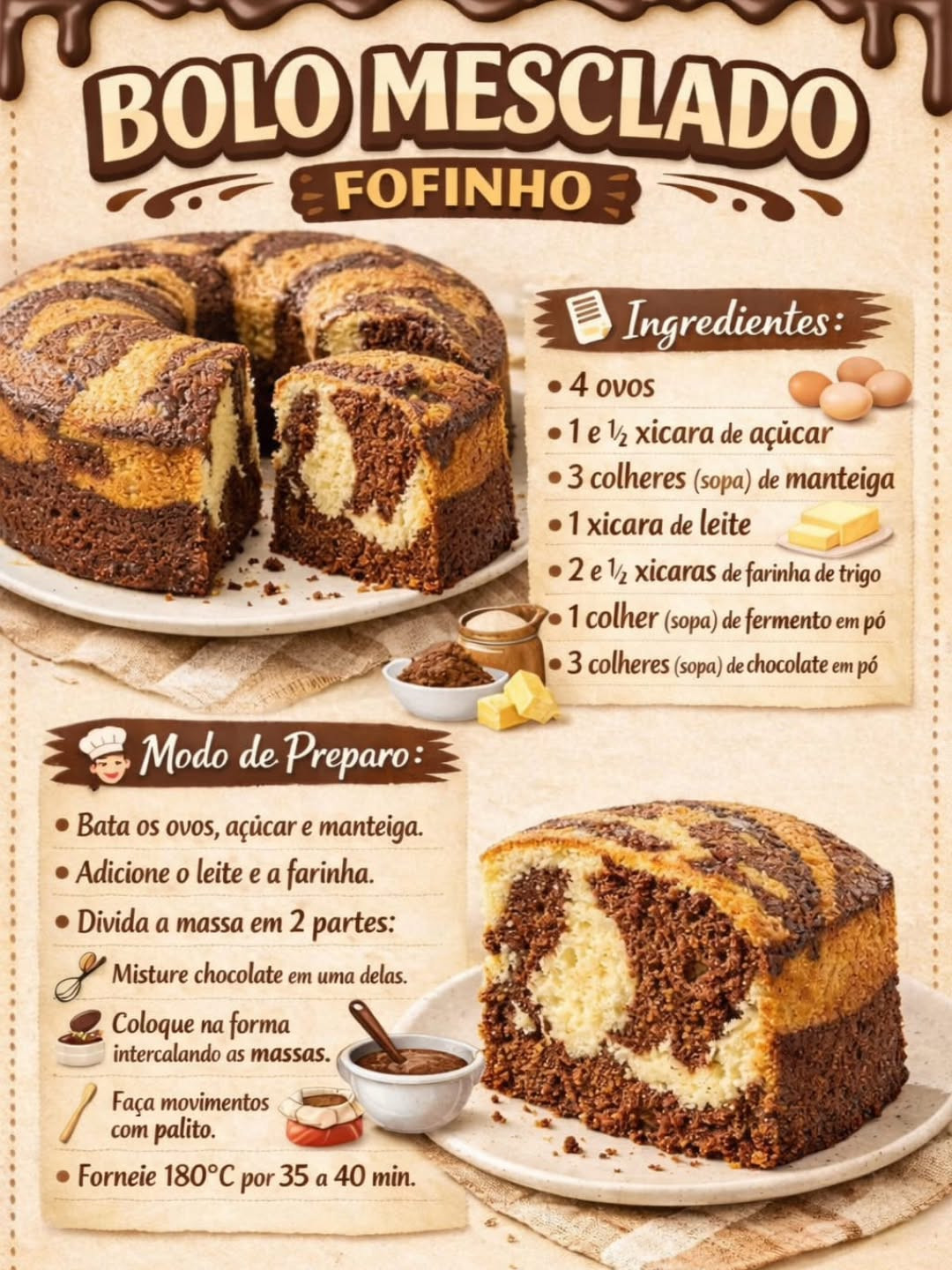 Bolo Mesclado Fofinho: Receita de bolo chocolate e baunilha swirl