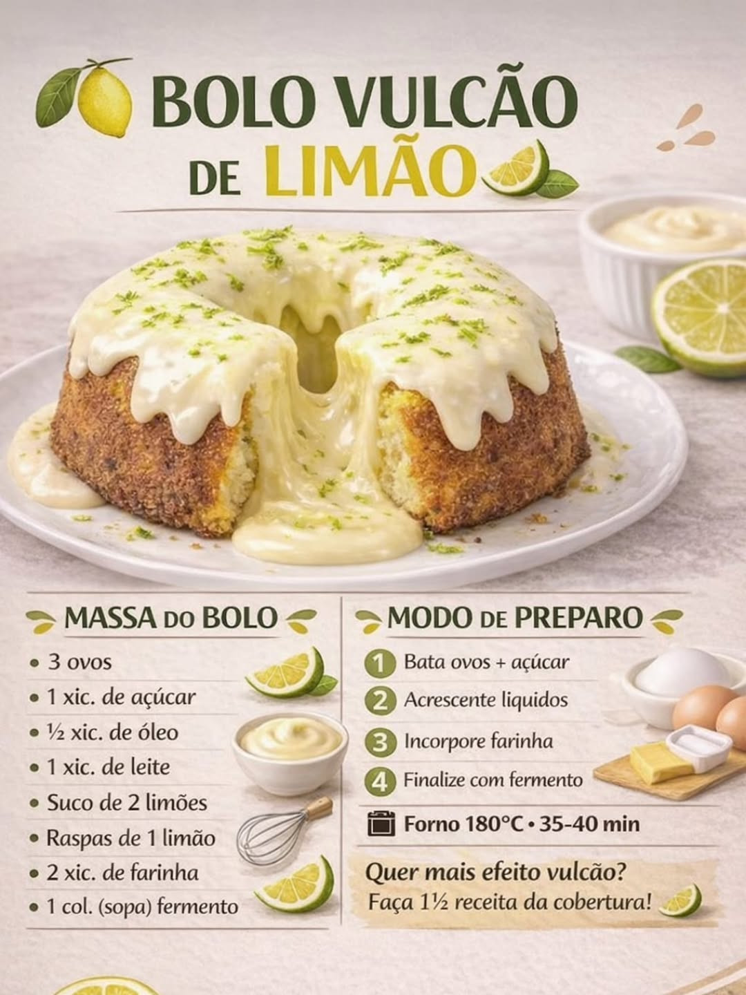 Bolo Vulcão de Limão: Receita deliciosa com recheio chảy và lớp phủ kem chanh thơm mát