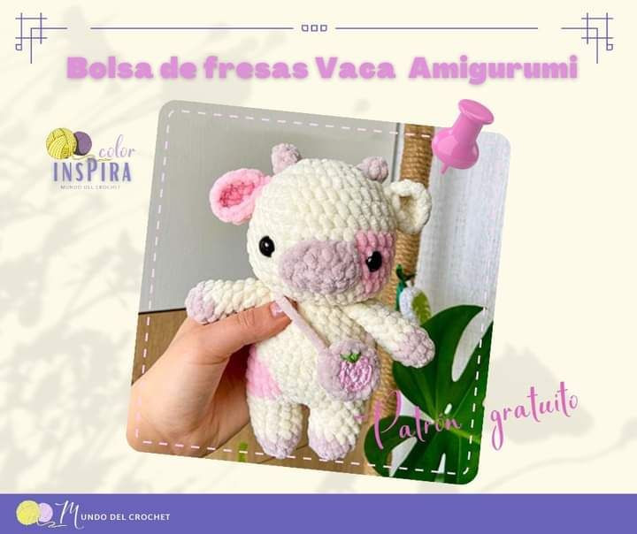 Bolsa de fresas Vaca Amigurumi: Patrón gratuito de búp bê bò với túi dâu