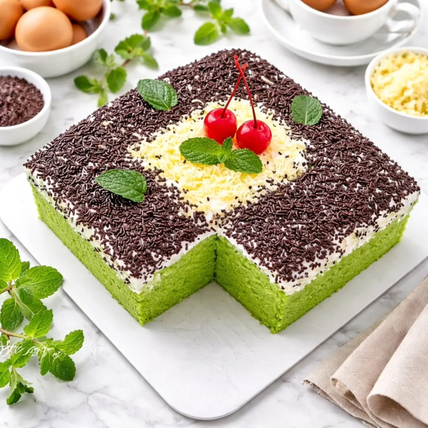Bolu Pandan: Green Steamed Sponge Cake Recipe with Whipped Cream, Cherries, and Cheese Topping