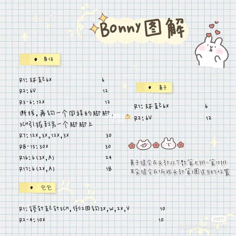 Bonny Amigurumi Crochet Pattern Chart: Cute Blue, Pink, and Brown Bunny/Bear Dolls