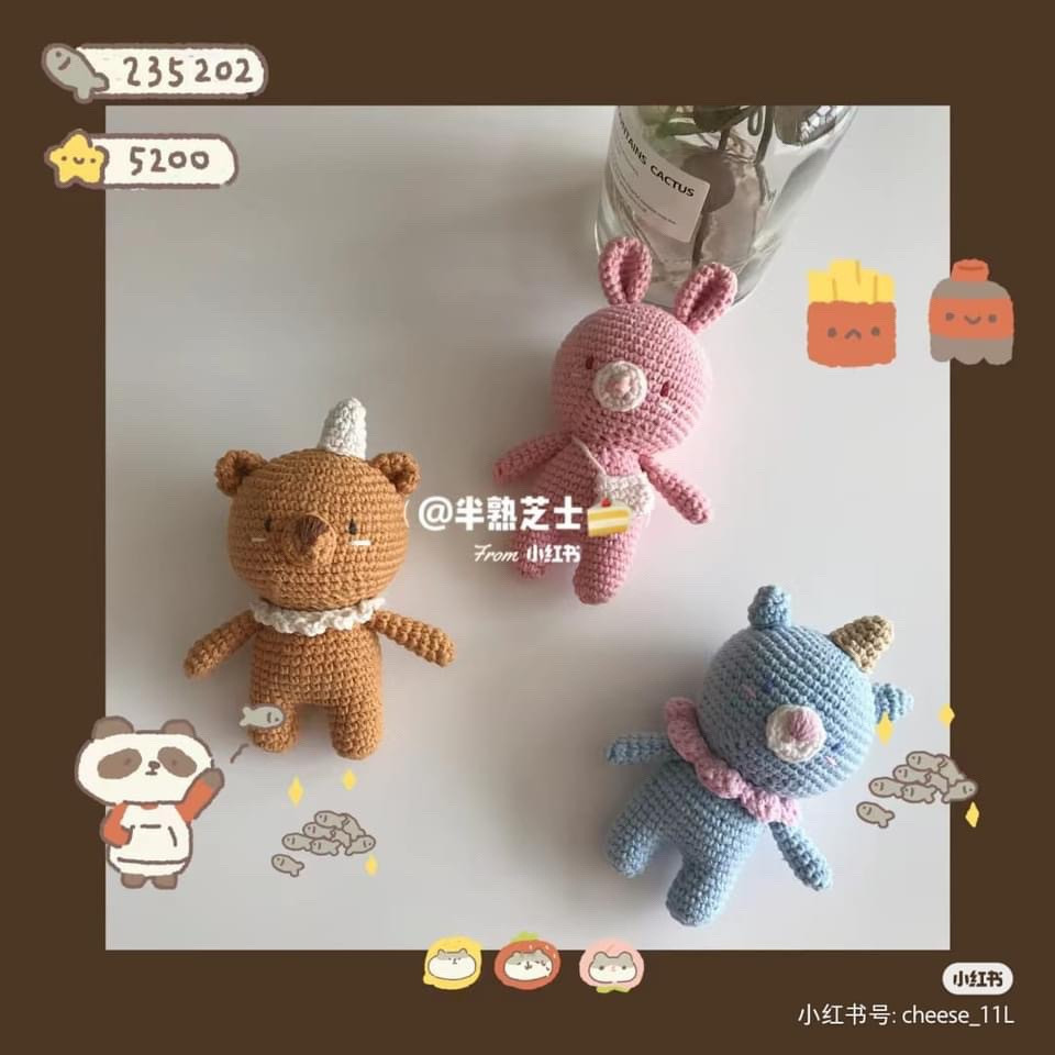 Bonny Amigurumi Crochet Pattern Chart: Cute Blue, Pink, and Brown Bunny/Bear Dolls