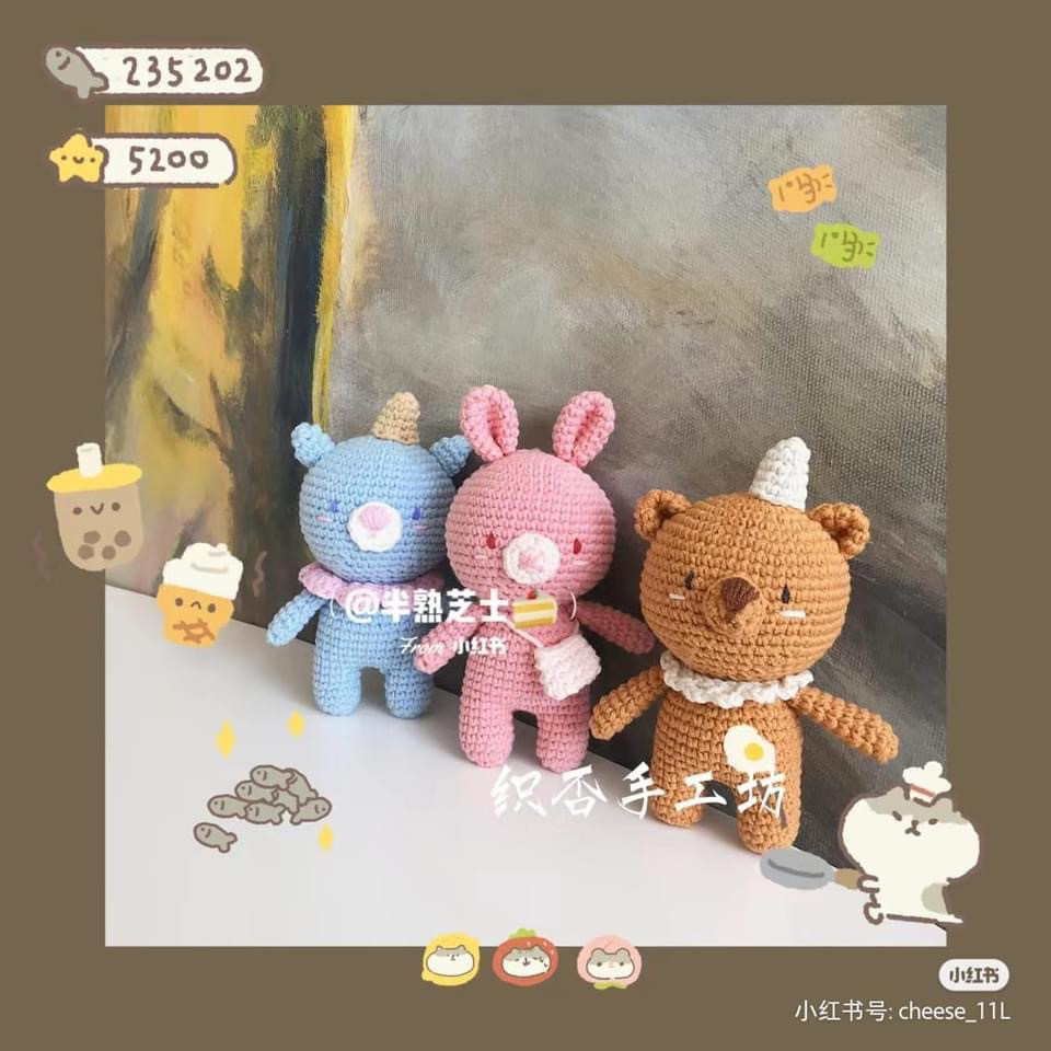 Bonny Amigurumi Crochet Pattern Chart: Cute Blue, Pink, and Brown Bunny/Bear Dolls