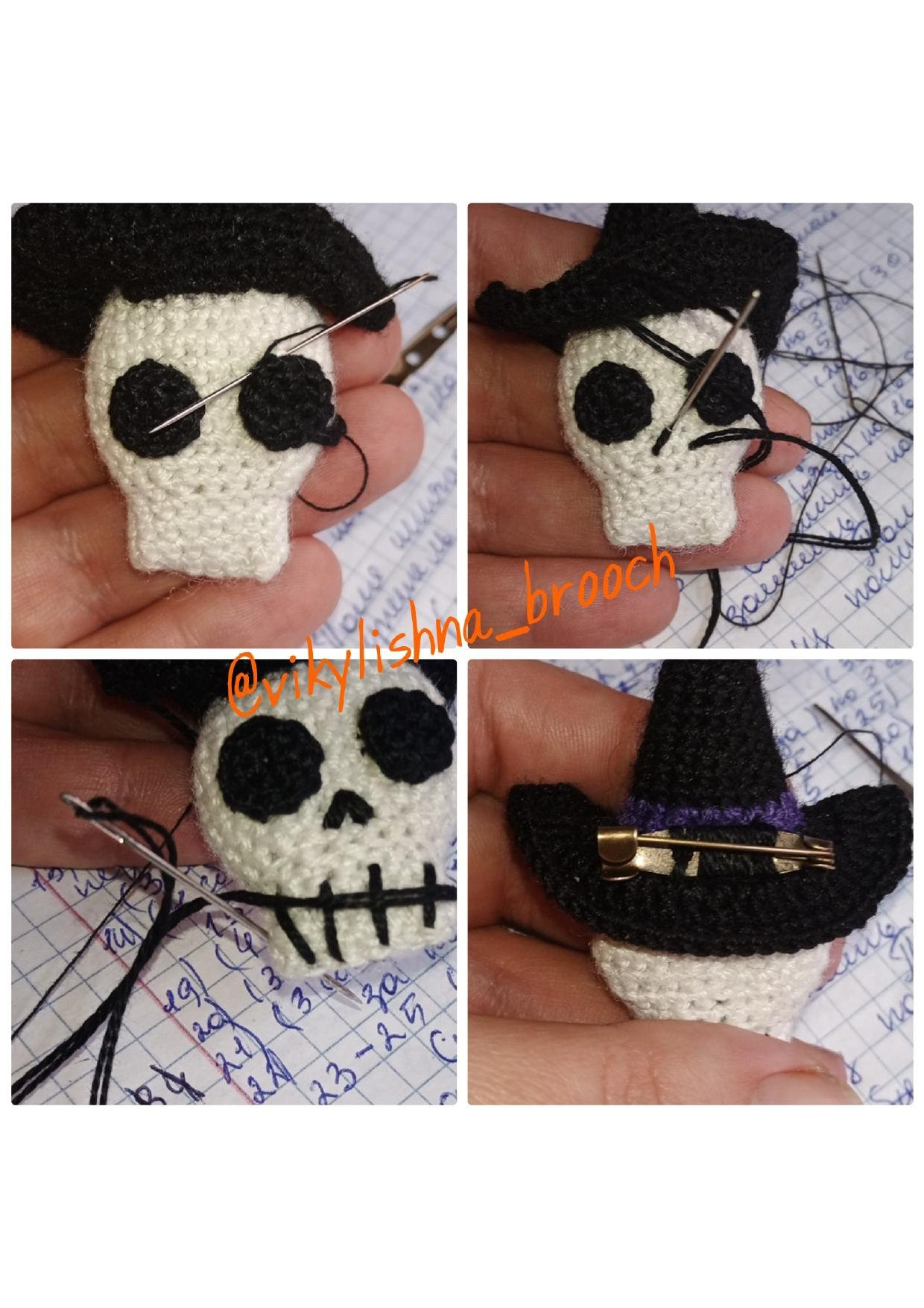 Брошь "Череп в шляпе": перевод описания и схема вязания крючком