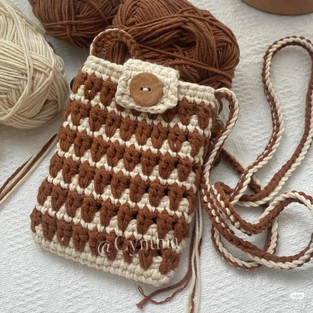 Brown and Cream Striped Crochet Crossbody Bag with Wooden Button