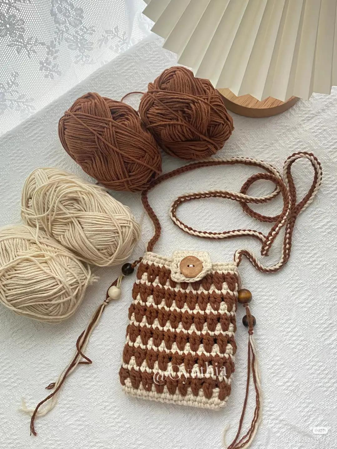Brown and Cream Striped Crochet Crossbody Bag with Wooden Button