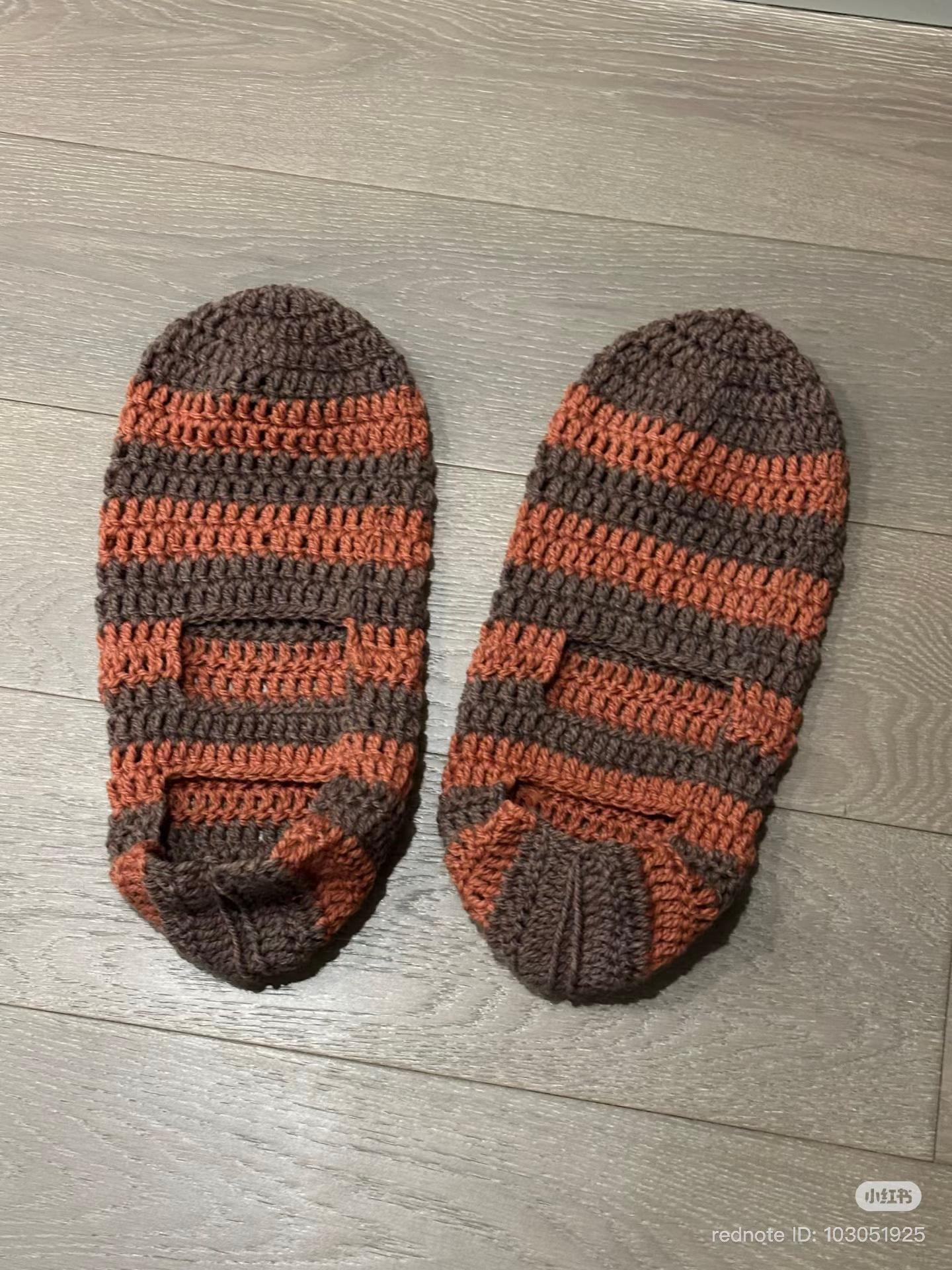 Brown and Orange Striped Crochet Slippers Pattern with Washing Instructions