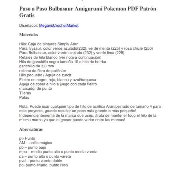 Bulbasaur Amigurumi Pokemon PDF Patrón Gratis