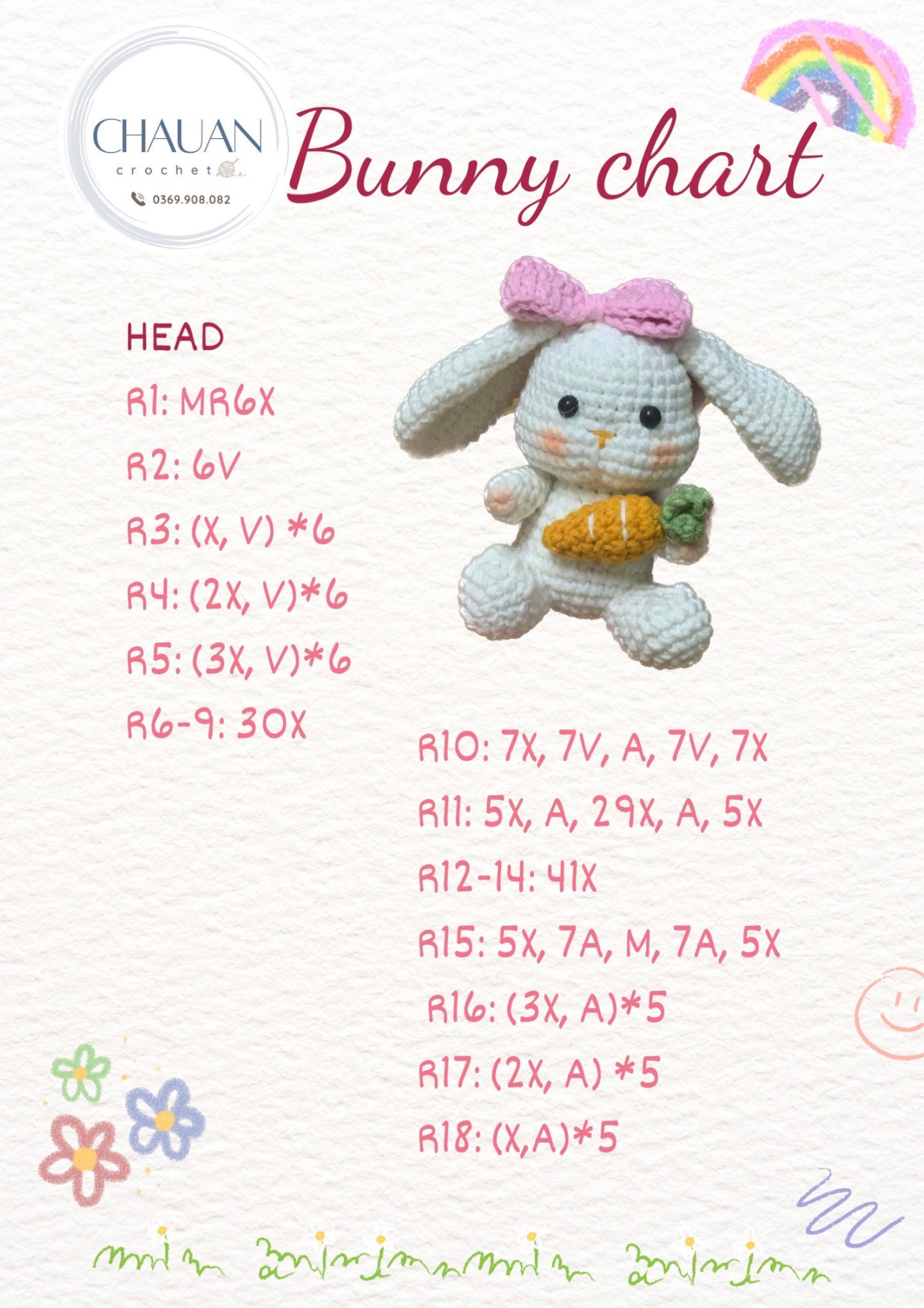 Bunny chart: Hướng dẫn móc thỏ trắng cầm cà rốt và nơ hồng