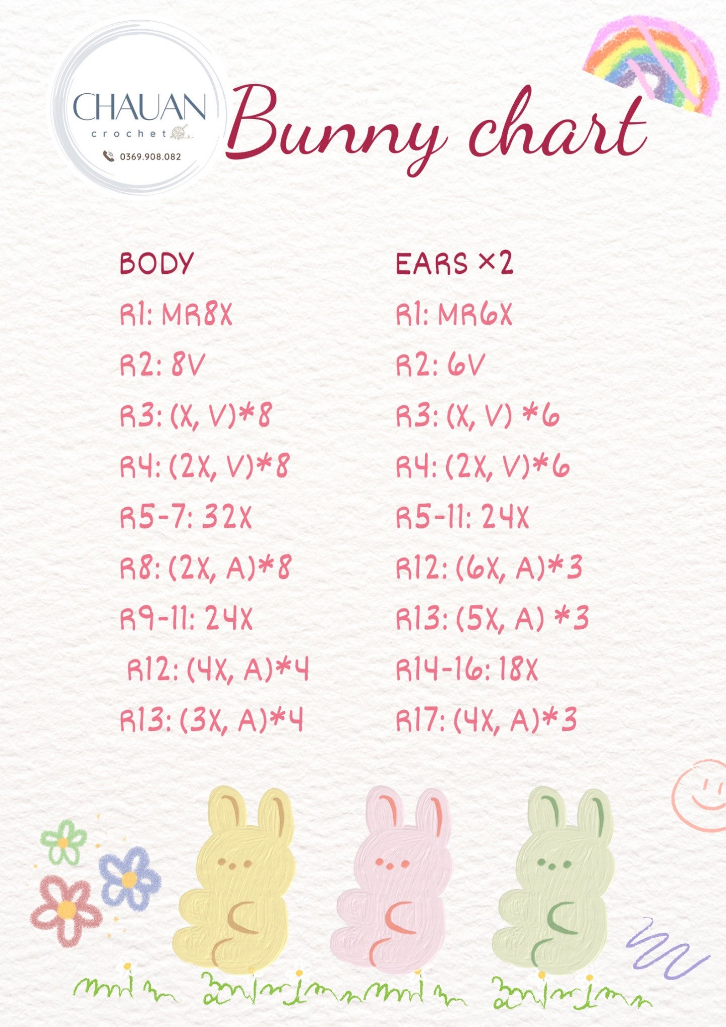 Bunny chart: Hướng dẫn móc thỏ trắng cầm cà rốt và nơ hồng