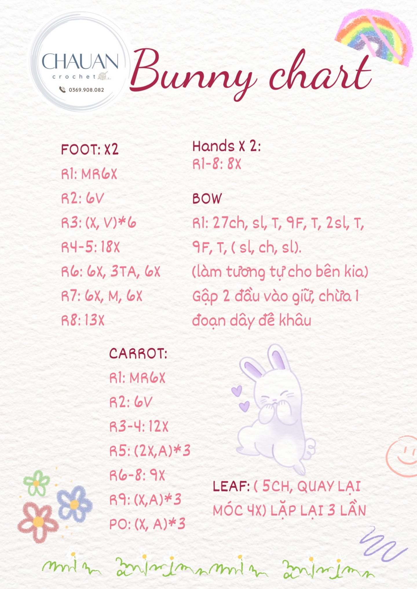 Bunny chart: Hướng dẫn móc thỏ trắng cầm cà rốt và nơ hồng