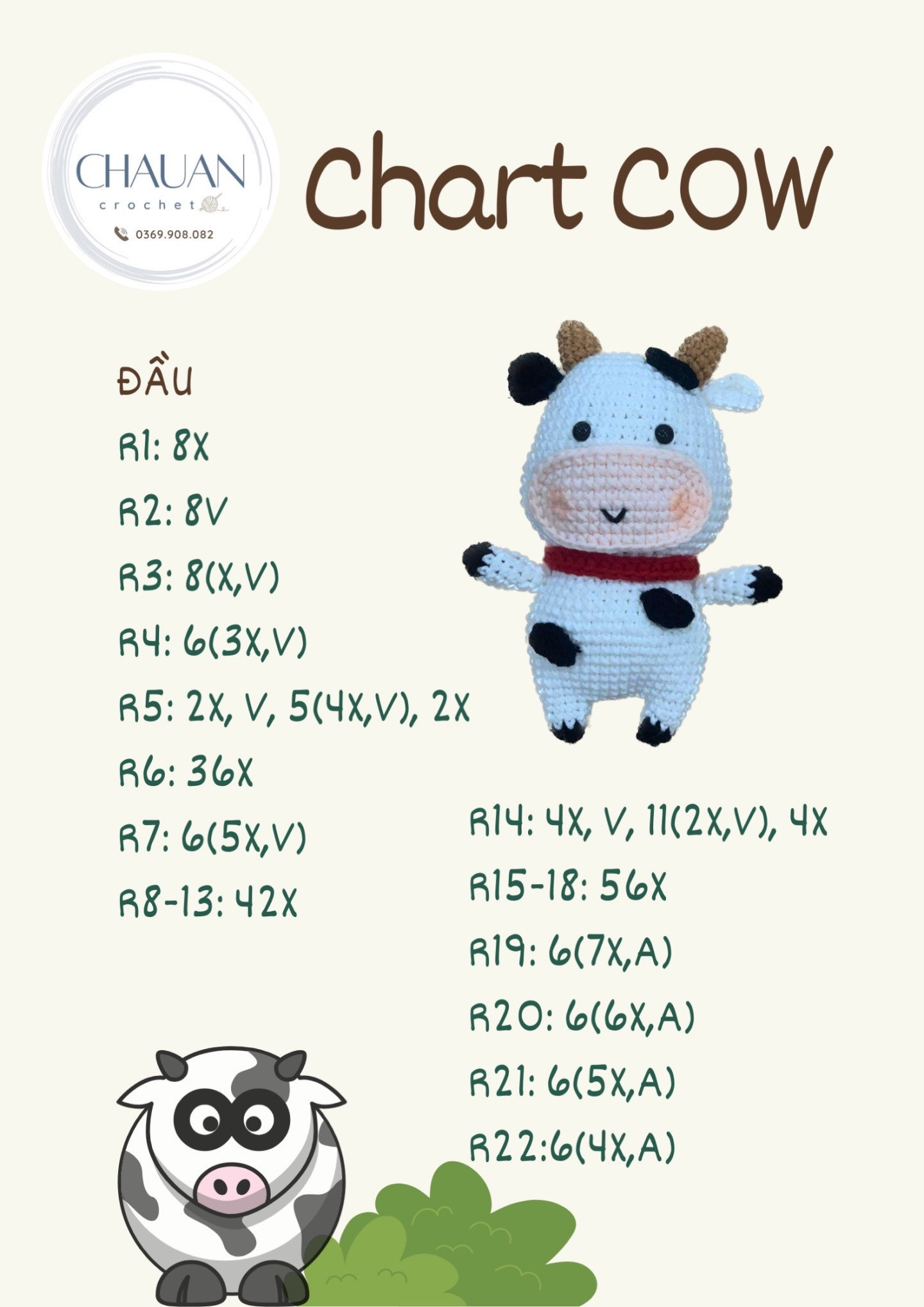 Bunny chart: Hướng dẫn móc thỏ trắng cầm cà rốt và nơ hồng