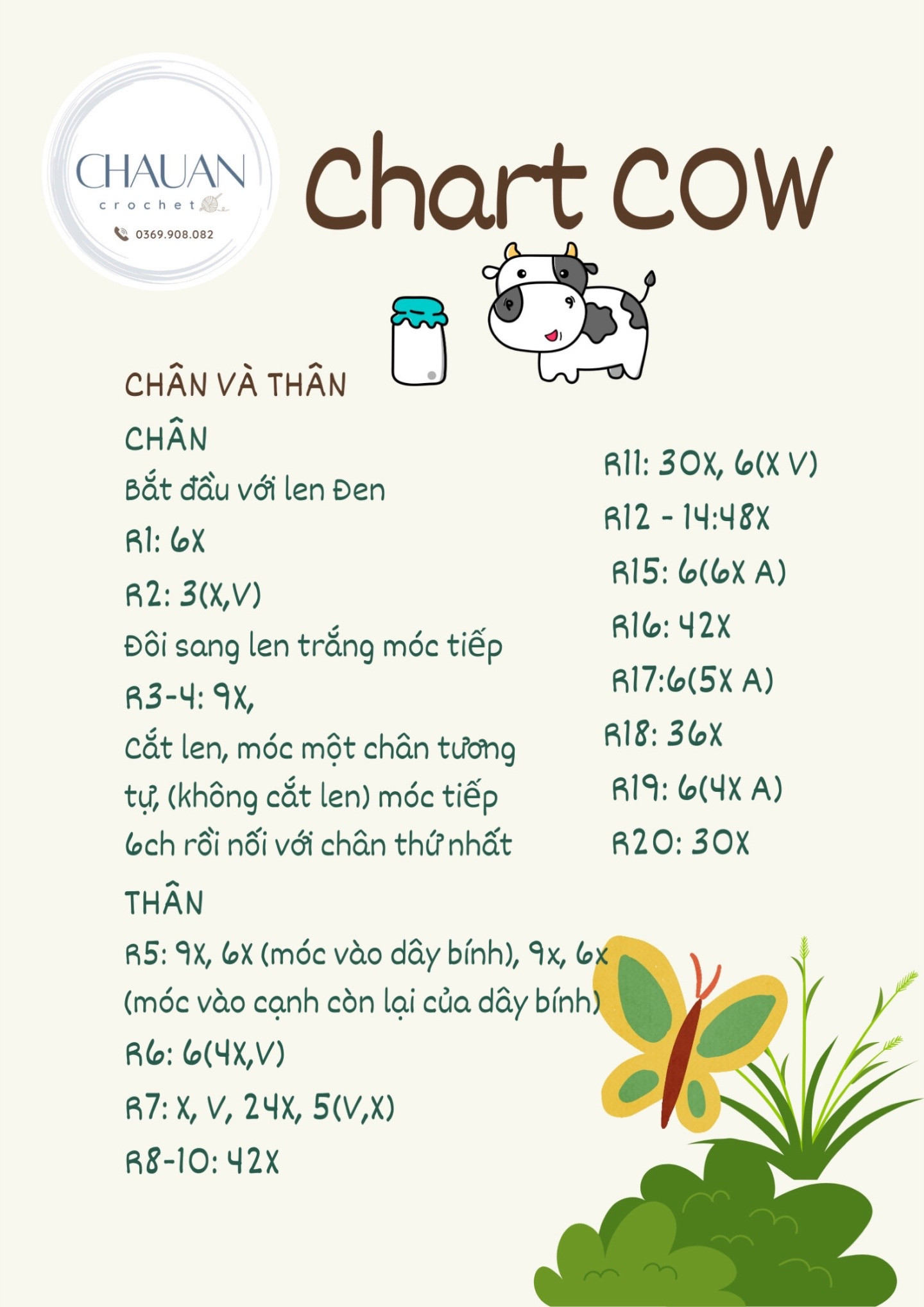 Bunny chart: Hướng dẫn móc thỏ trắng cầm cà rốt và nơ hồng