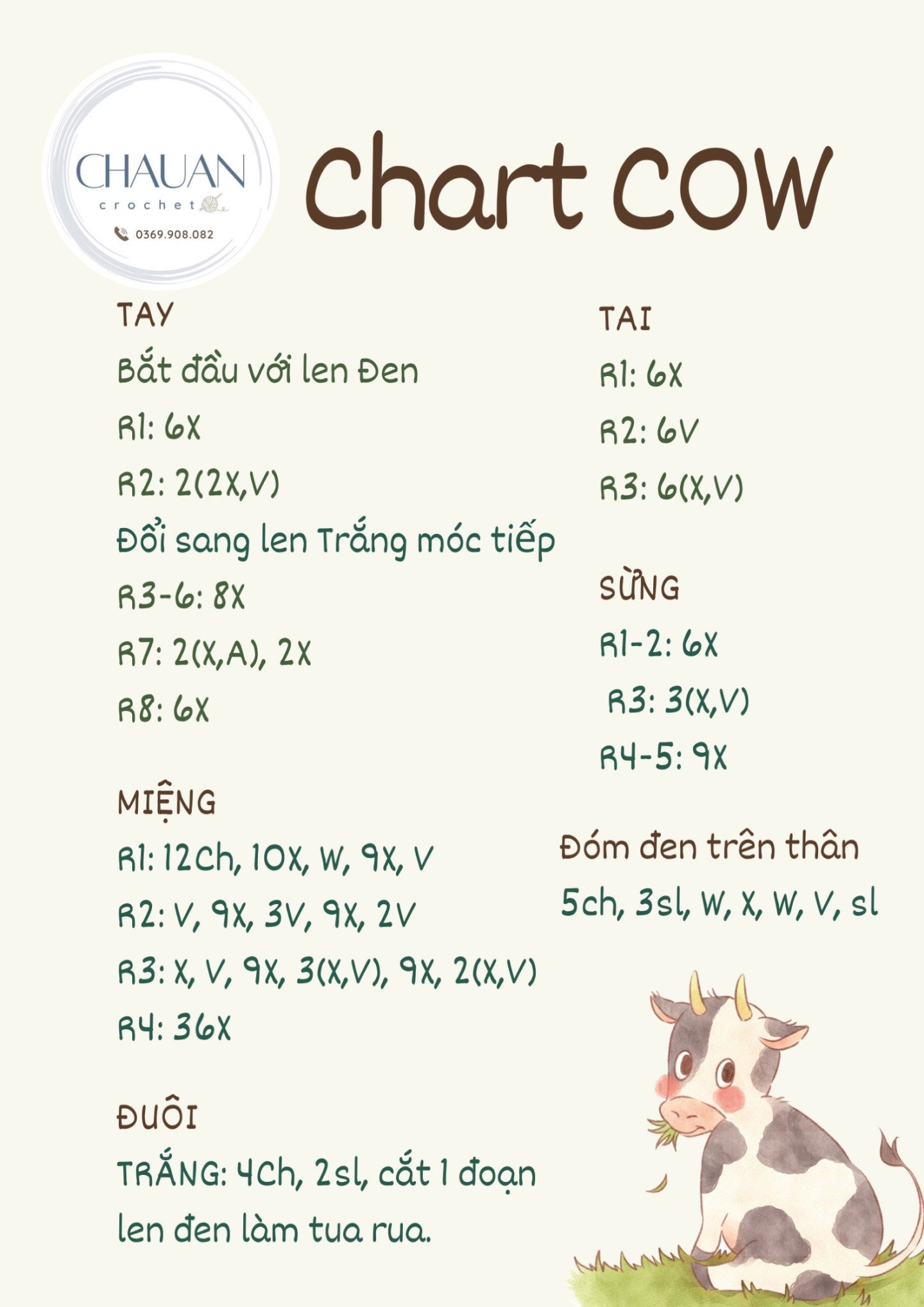 Bunny chart: Hướng dẫn móc thỏ trắng cầm cà rốt và nơ hồng