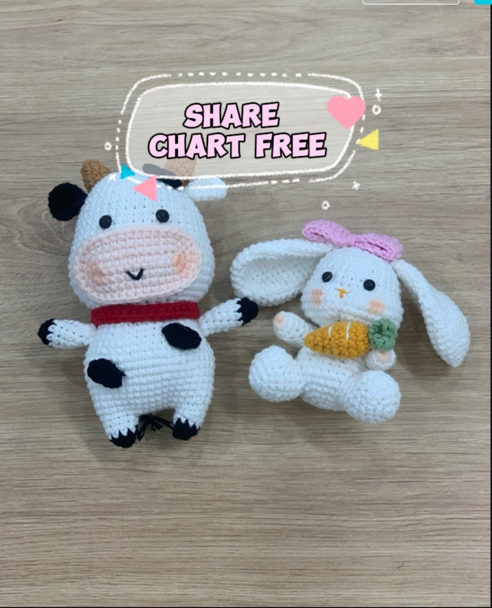 Bunny chart: Hướng dẫn móc thỏ trắng cầm cà rốt và nơ hồng