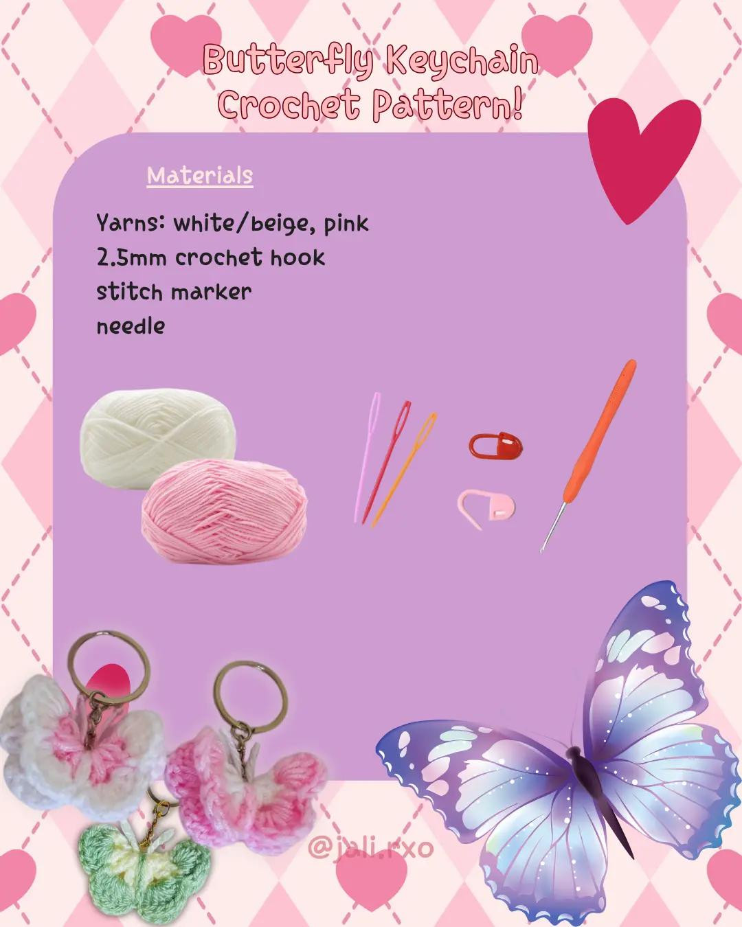 Butterfly Keychain Crochet Pattern! Materials and Instructions for Pink, White, and Green Yarn