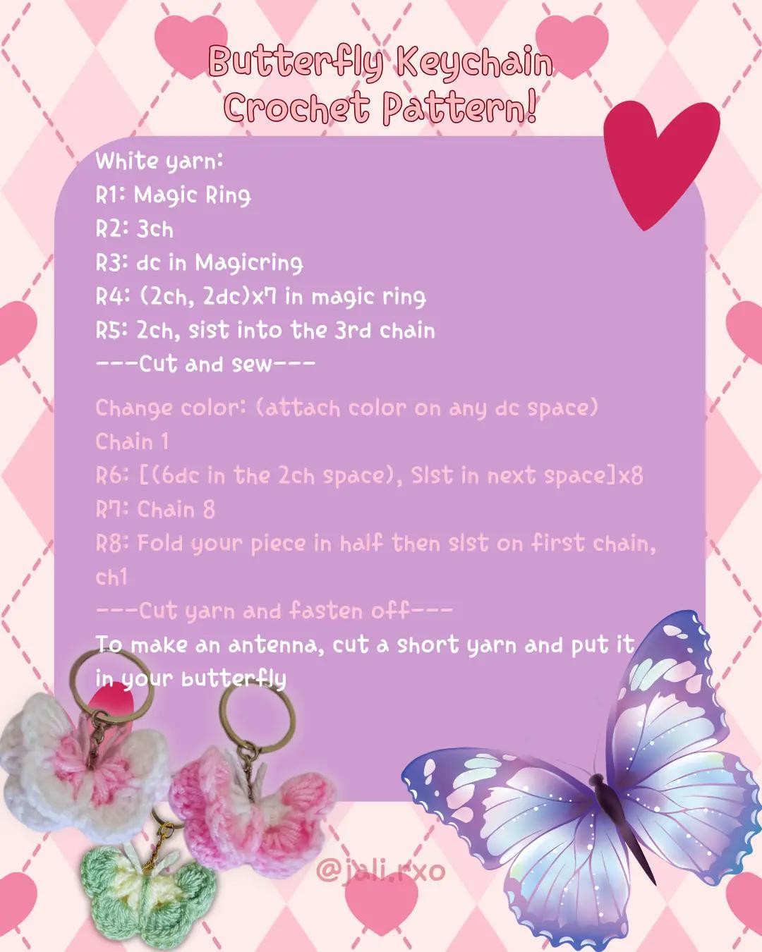 Butterfly Keychain Crochet Pattern! Materials and Instructions for Pink, White, and Green Yarn