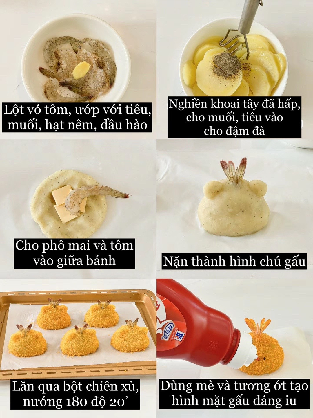 Cá viên khoai tây chiên hình gấu dễ thương nhân phô mai và tôm