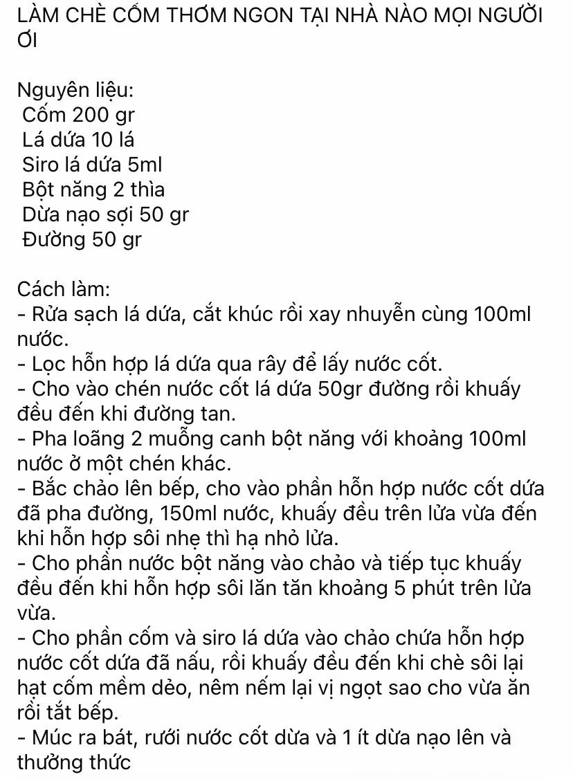 Cách làm chè cốm lá dứa thơm ngon tại nhà