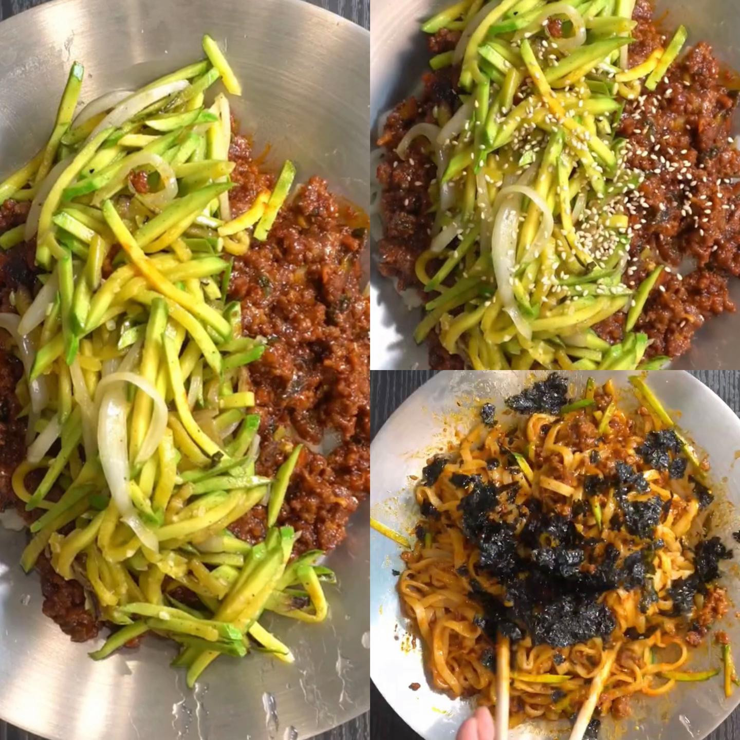 Cách làm mì bò xào sốt cay với bí xanh bào sợi, hành tây và rong biển giòn