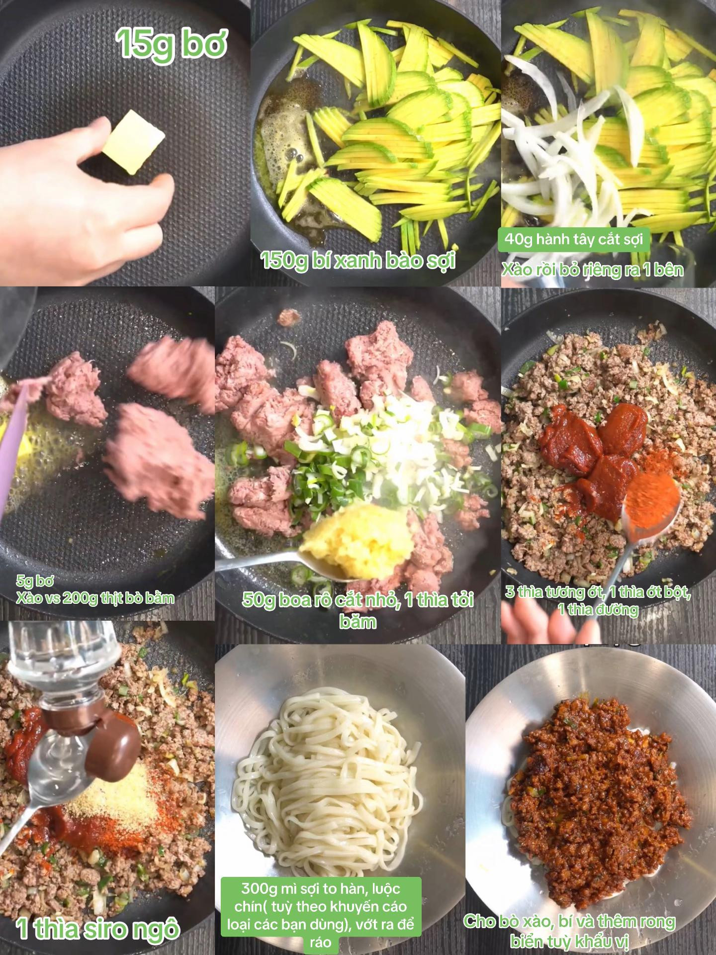 Cách làm mì bò xào sốt cay với bí xanh bào sợi, hành tây và rong biển giòn