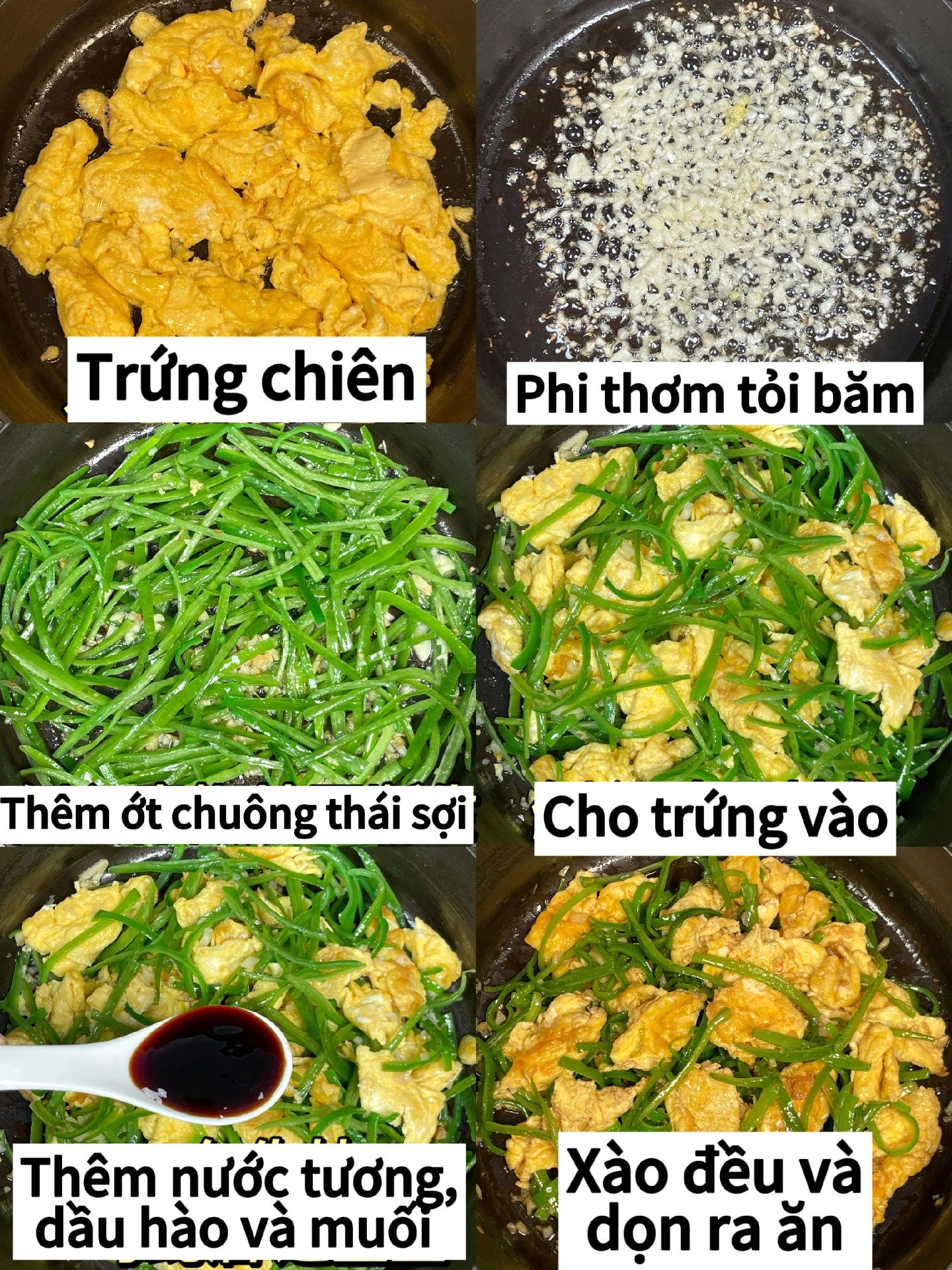 Cách làm món trứng xào ớt chuông thái sợi, phi thơm tỏi băm và nêm nếm nước tương, dầu hào