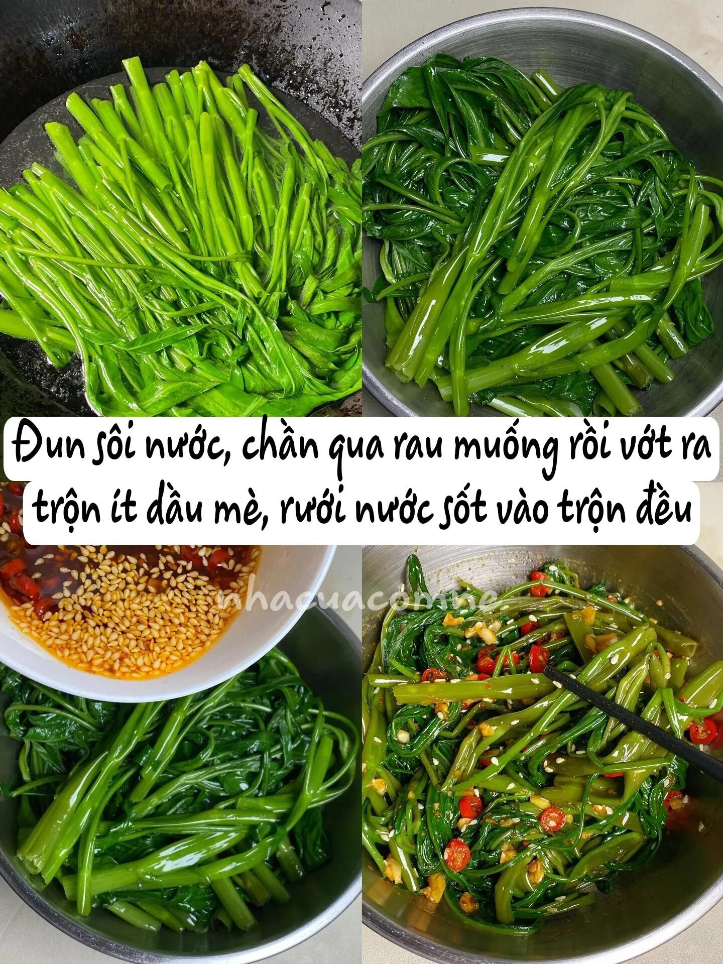 Cách làm rau muống trộn tỏi ớt, sốt dầu hào, mè rang giòn tan