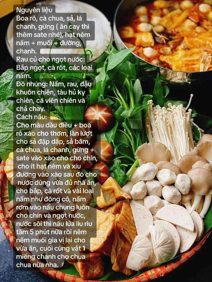 Cách nấu lẩu nấm chay với màu dầu điều, cà chua và các loại rau củ