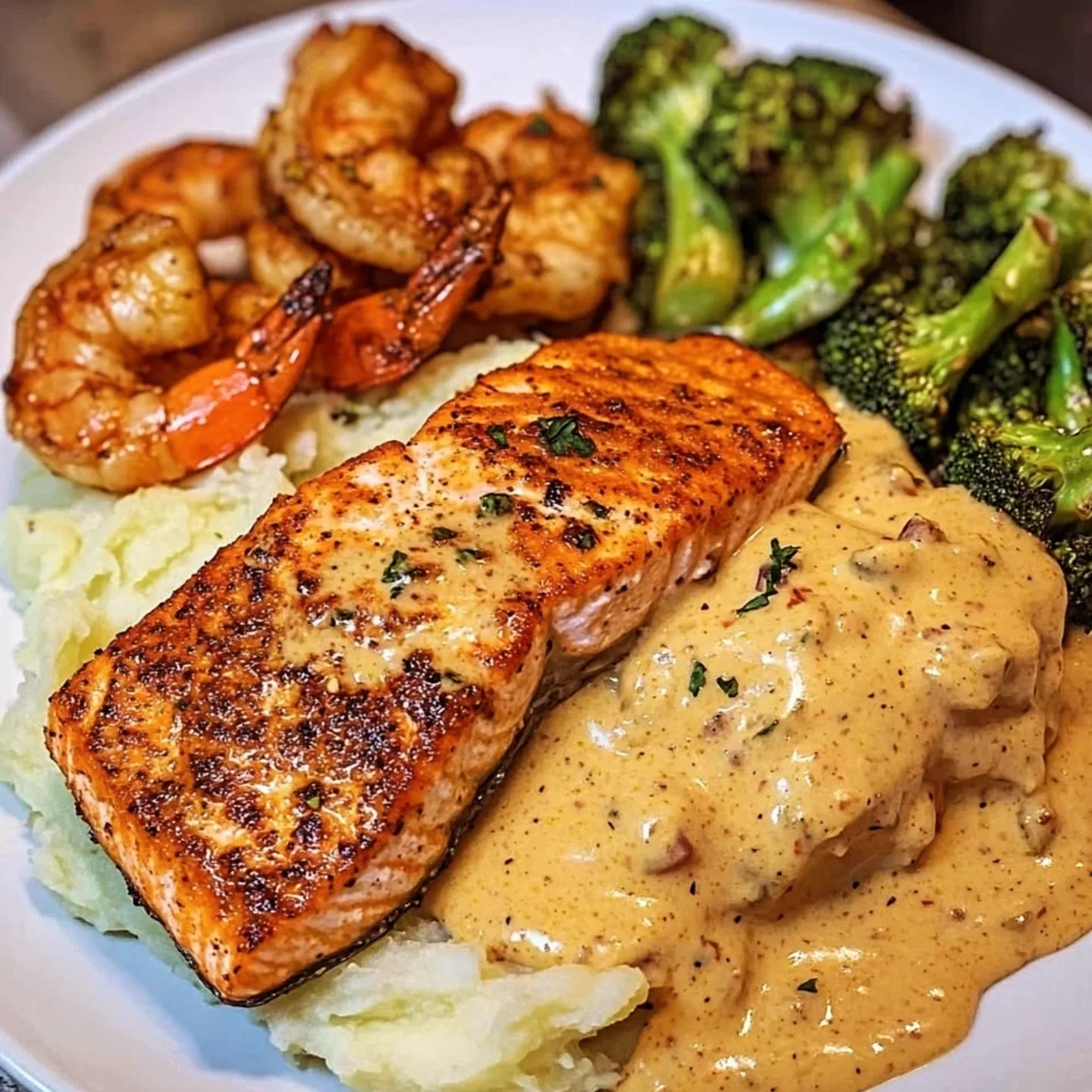 Cajun Salmon with Garlic Mashed Potatoes, Cream Sauce and Shrimp Broccoli Medley