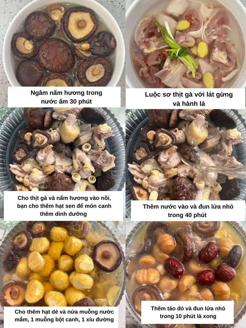 Canh nấm thịt gà thơm ngon, dễ làm với hạt sen và táo đỏ