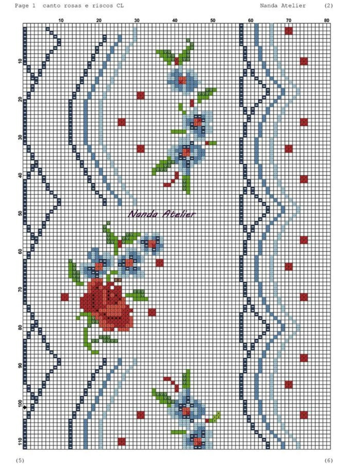 Canto Rosas e Riscos CL - Cross Stitch Corner Chart Pattern with Roses and Stripes by Nanda Atelier