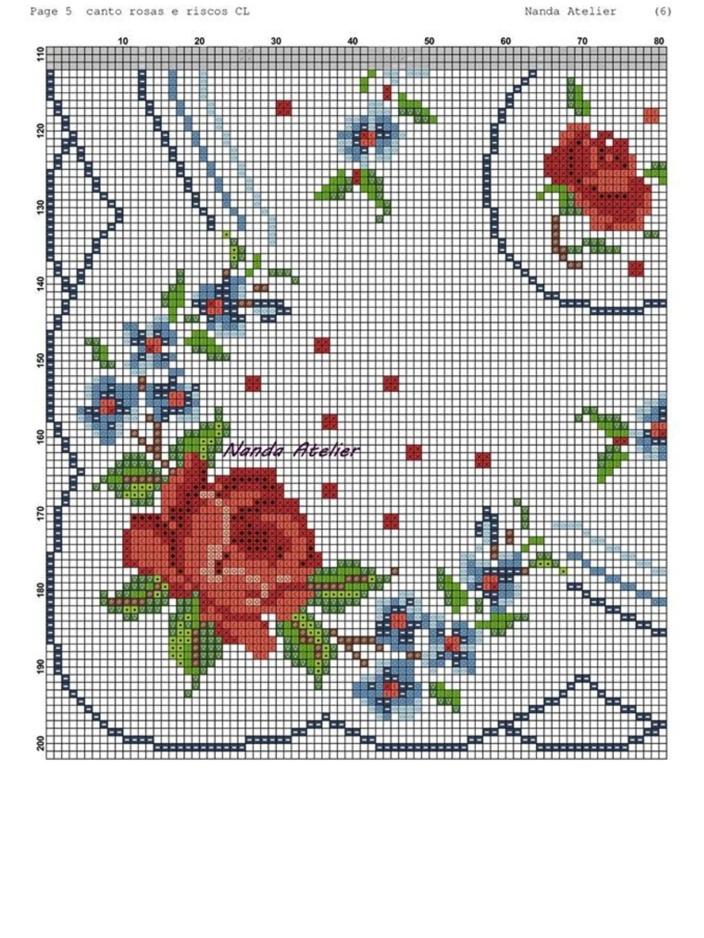 Canto Rosas e Riscos CL - Cross Stitch Corner Chart Pattern with Roses and Stripes by Nanda Atelier