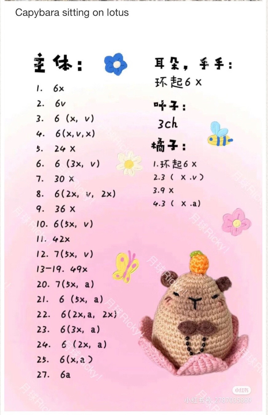 Capybara sitting on lotus crochet chart pattern