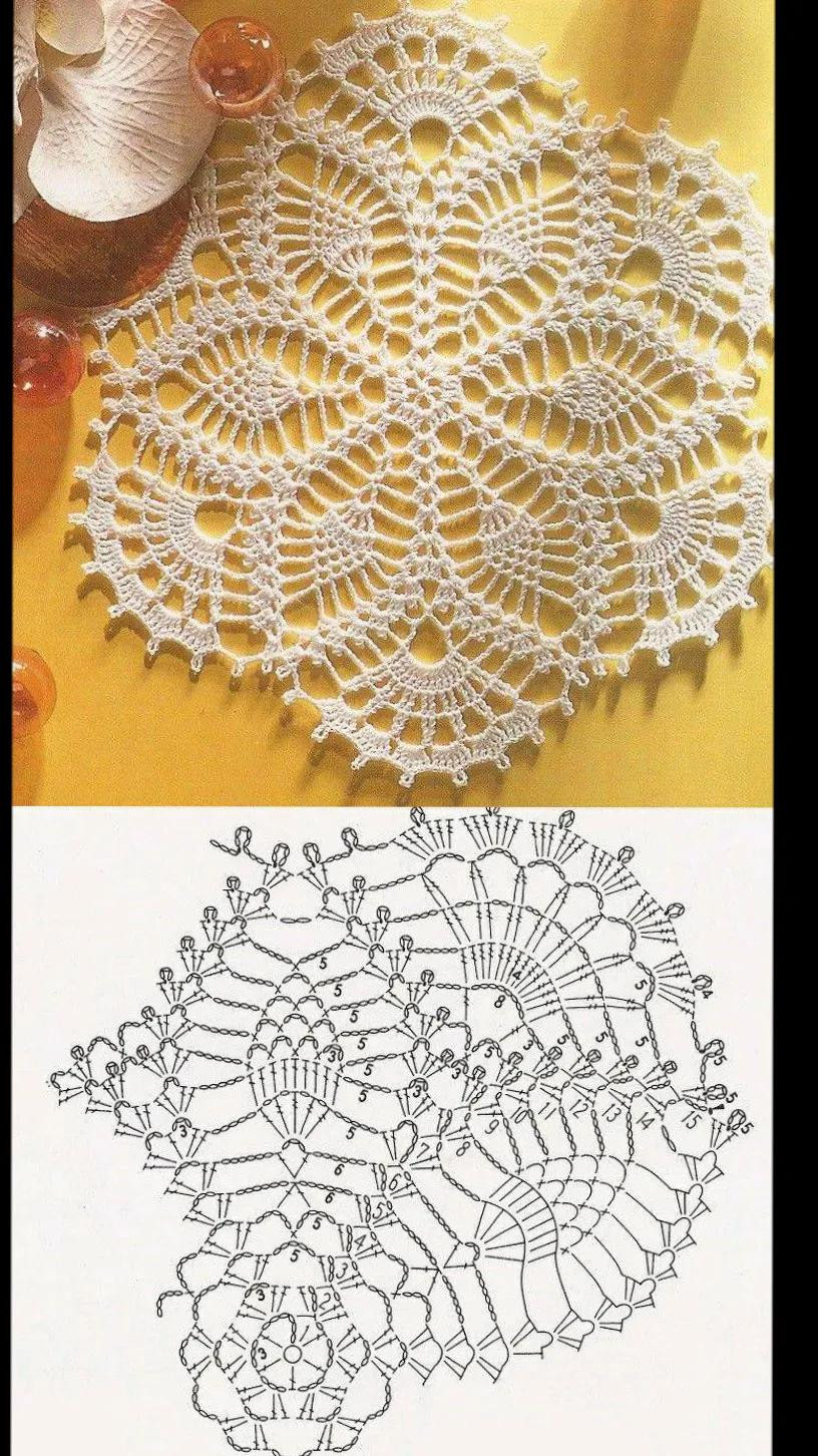 Carpeta redonda tejida a crochet con patrón gráfico detallado