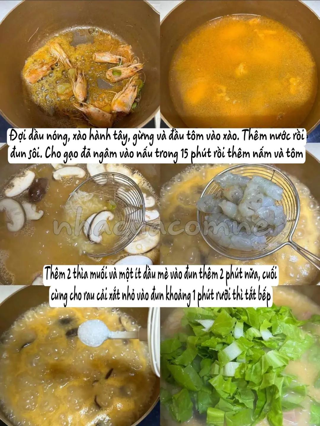 Cháo tôm nấm hương thịt nguội rau cải xanh