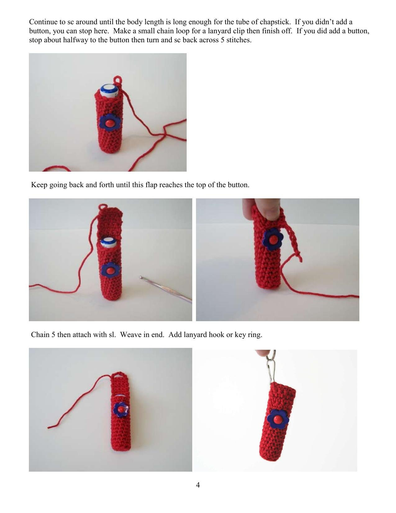 Chapstick Holder Crochet Pattern: Red Cotton Tube with Blue Flower Button Closure