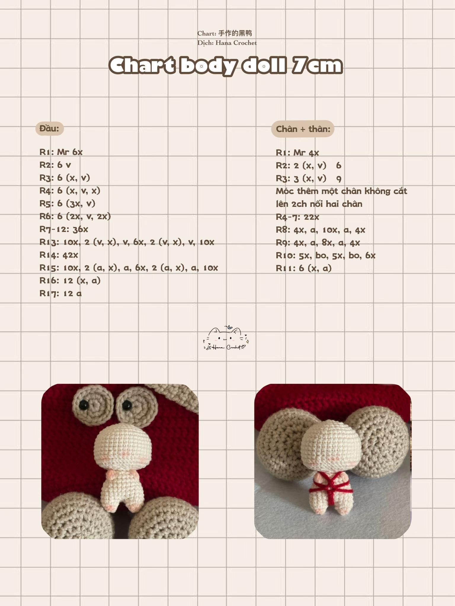 Chart body doll 7cm: Hướng dẫn chi tiết móc len búp bê nhỏ màu kem với đầu và thân chân