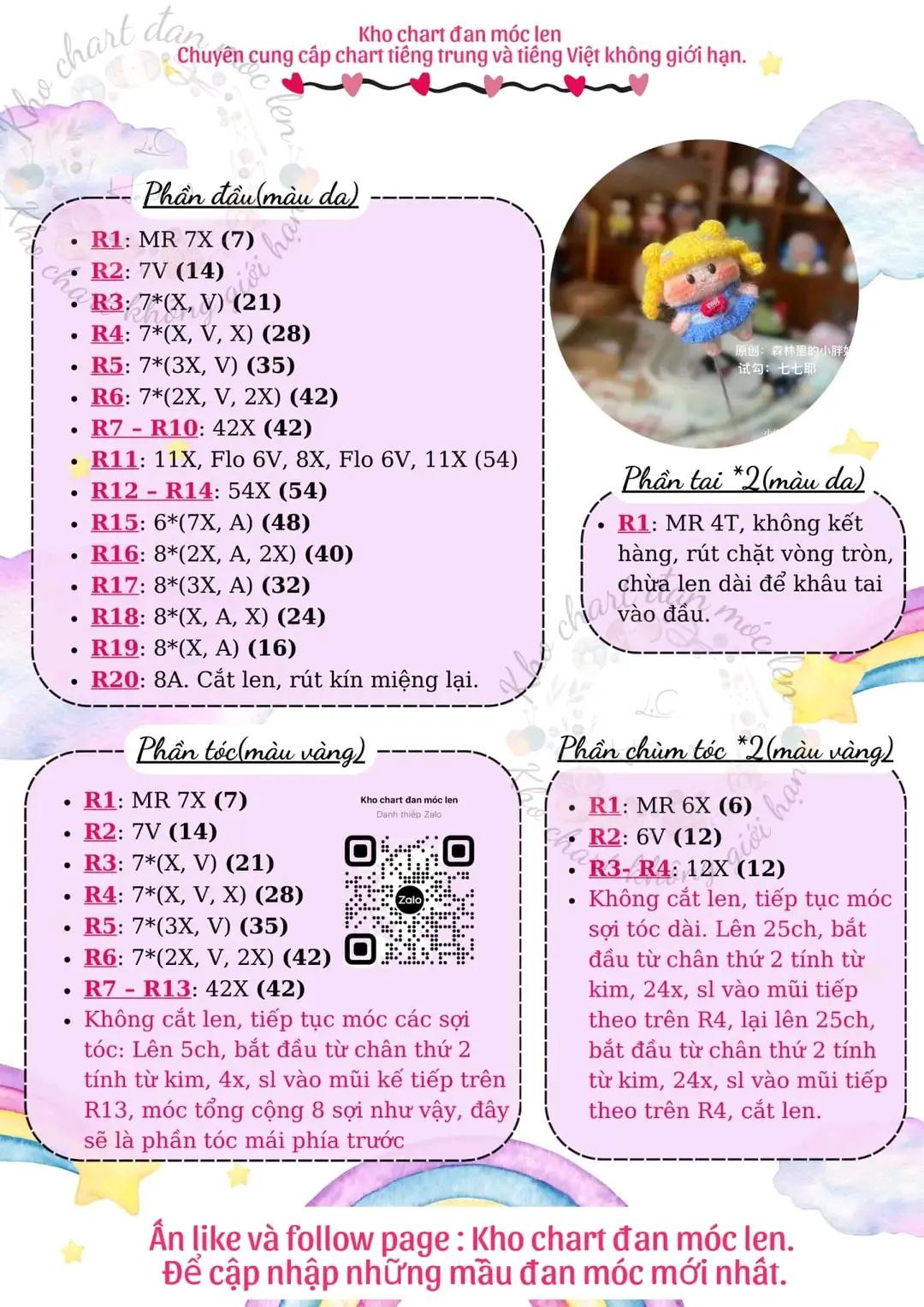 Chart đan móc len búp bê Sailor Moon dễ thương, hướng dẫn chi tiết từng phần đầu, tóc, tay chân và váy