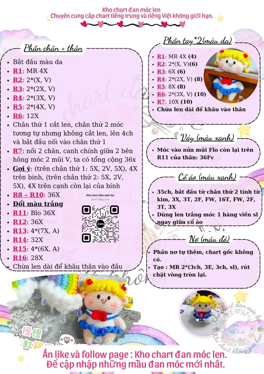 Chart đan móc len búp bê Sailor Moon dễ thương, hướng dẫn chi tiết từng phần đầu, tóc, tay chân và váy