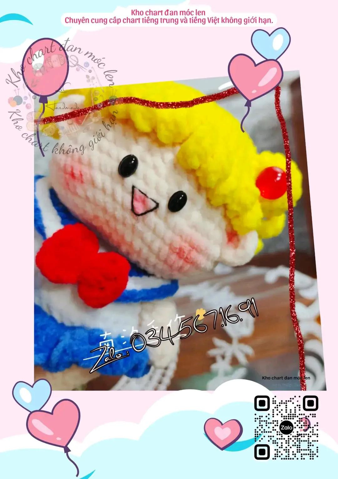 Chart đan móc len búp bê Sailor Moon dễ thương, hướng dẫn chi tiết từng phần đầu, tóc, tay chân và váy