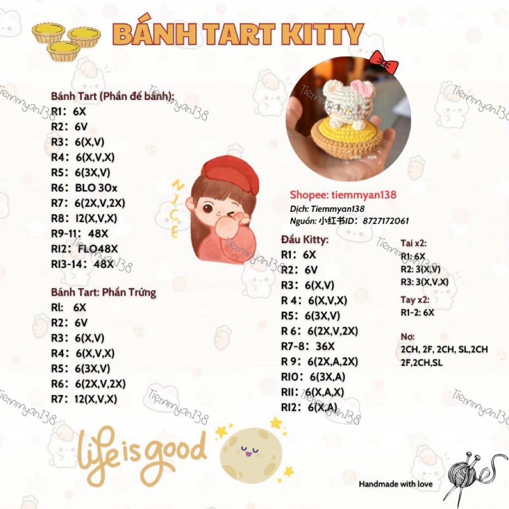 Chart dịch Bánh Tart Kitty - Móc len Hello Kitty trên bánh tart
