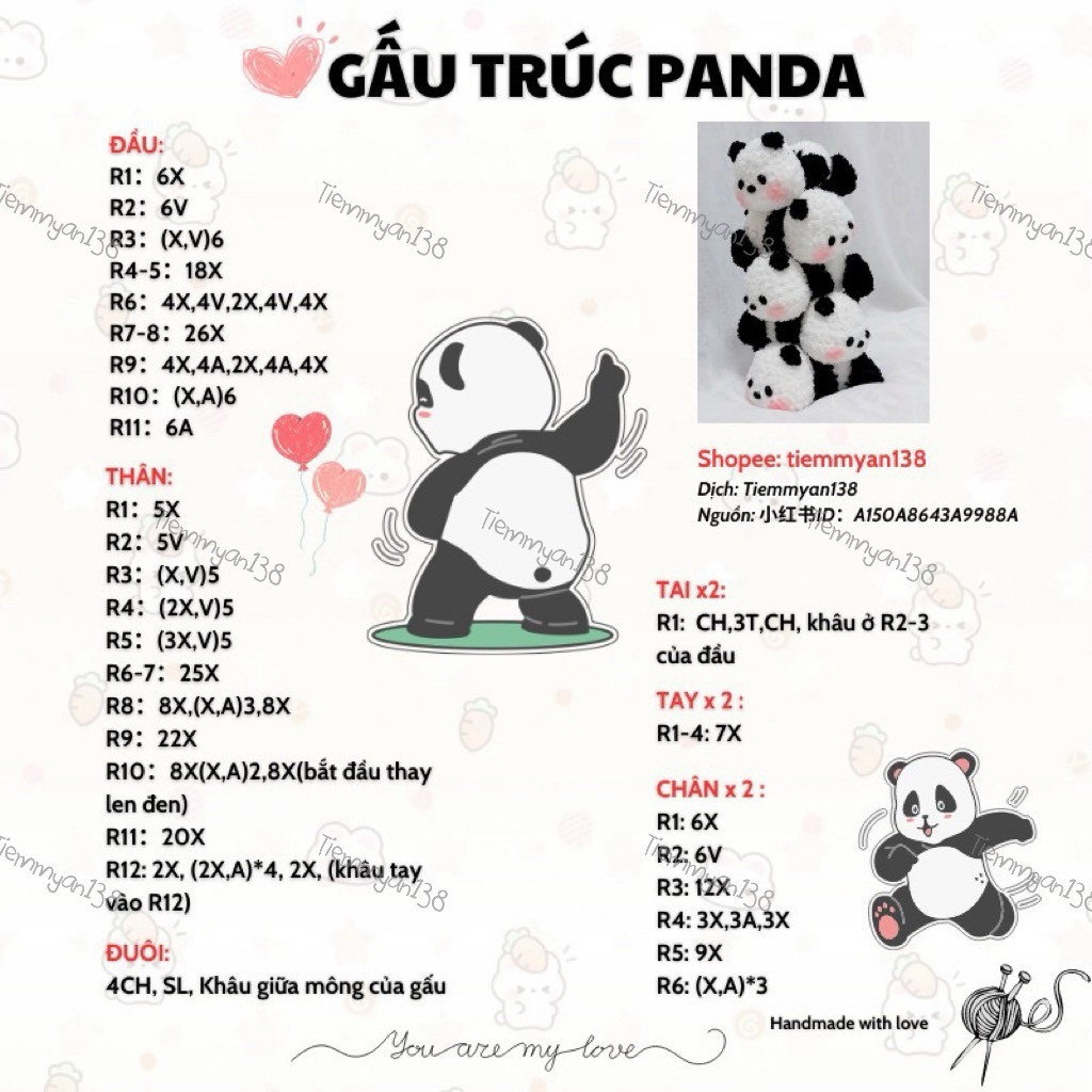 Chart dịch Gấu trúc Panda - Hướng dẫn móc len chi tiết