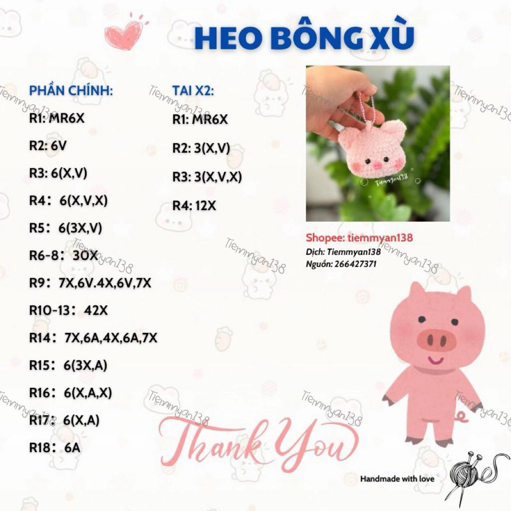 Chart dịch Heo Bông Xù len Xiaoke màu hồng dễ thương