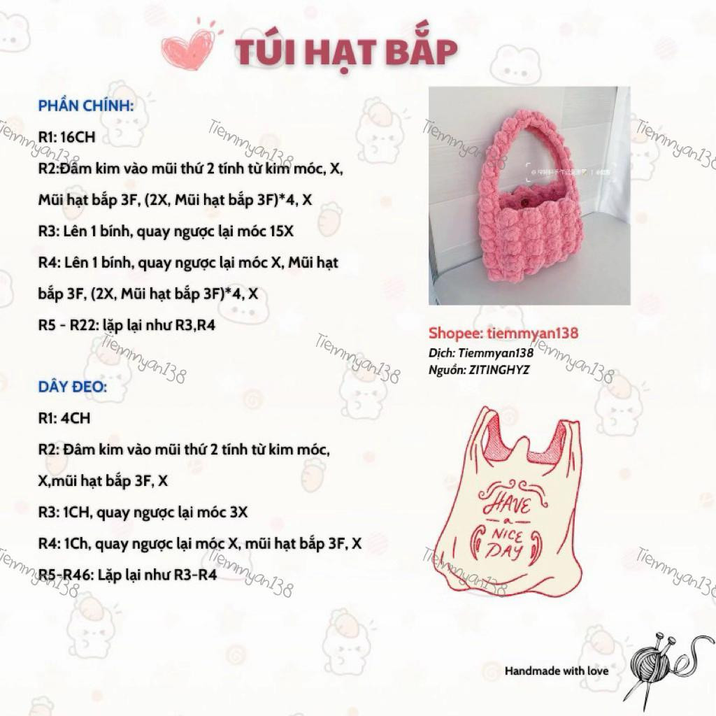 Chart dịch móc túi hạt bắp màu hồng len nhung